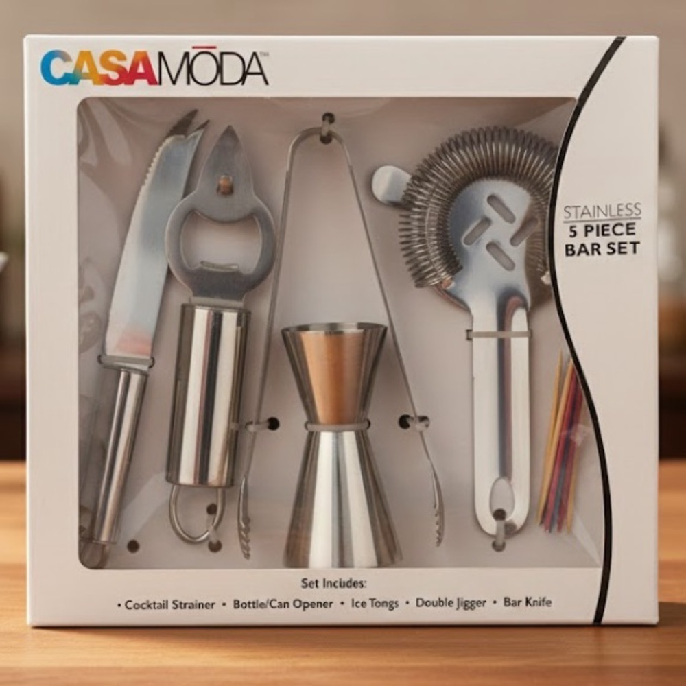 CASA MODA Stainless 5pc Bar Set Jigger Strainer Knife Opener Tongs NIB - Picture 1 of 2